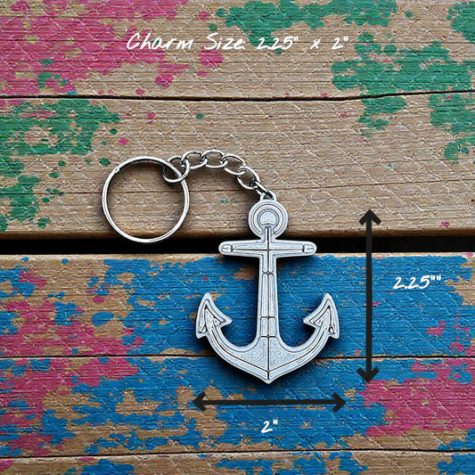 Eco-friendly handmade and customizable anchor keychain in silver, perfect nautical accessory for baby showers, boat lovers, coastal weddings, and beach-themed gifts.