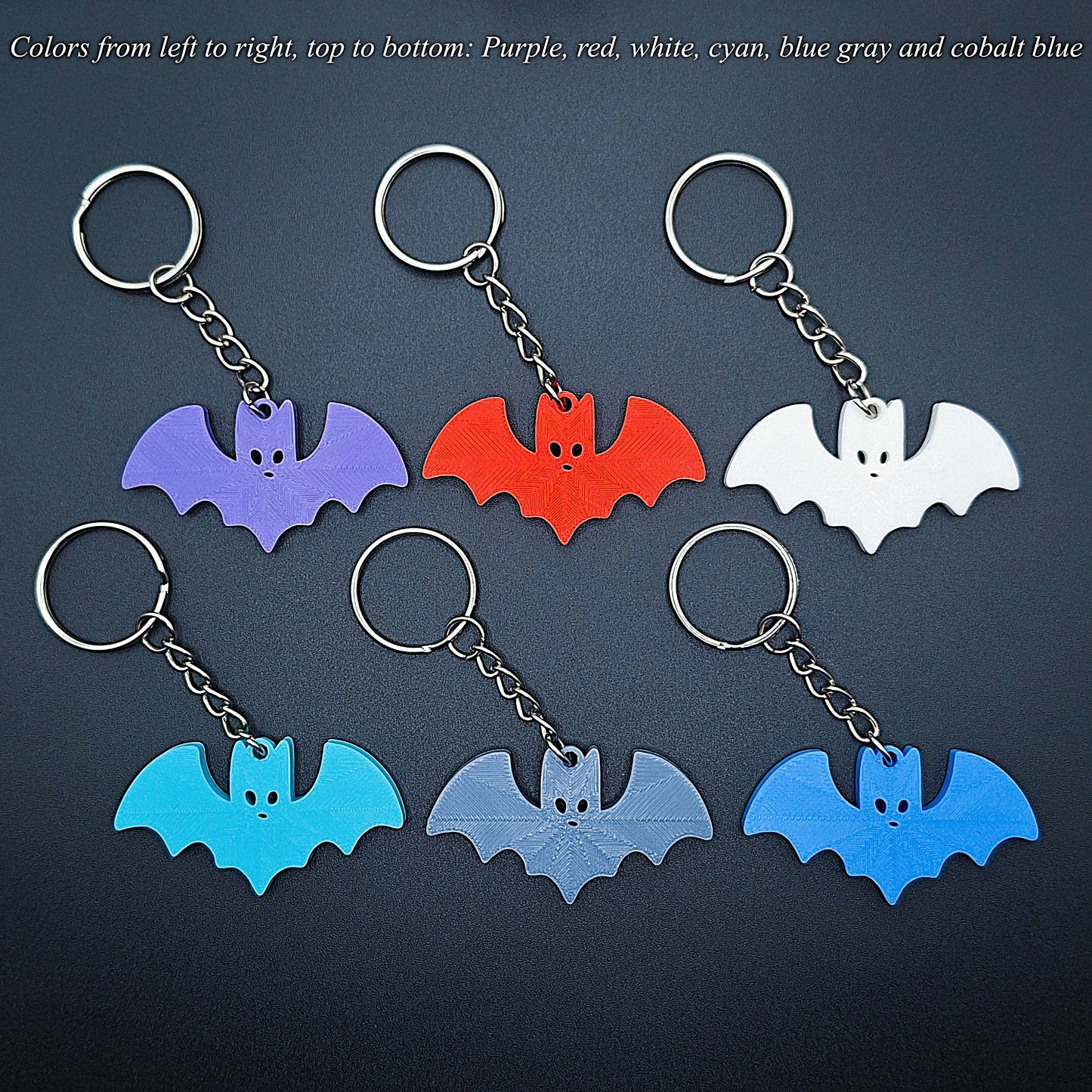 Set of 6 colorful bat keychains—eco-friendly spooky charms, perfect for Halloween gifts, party favors, or gothic-themed keyring collections.