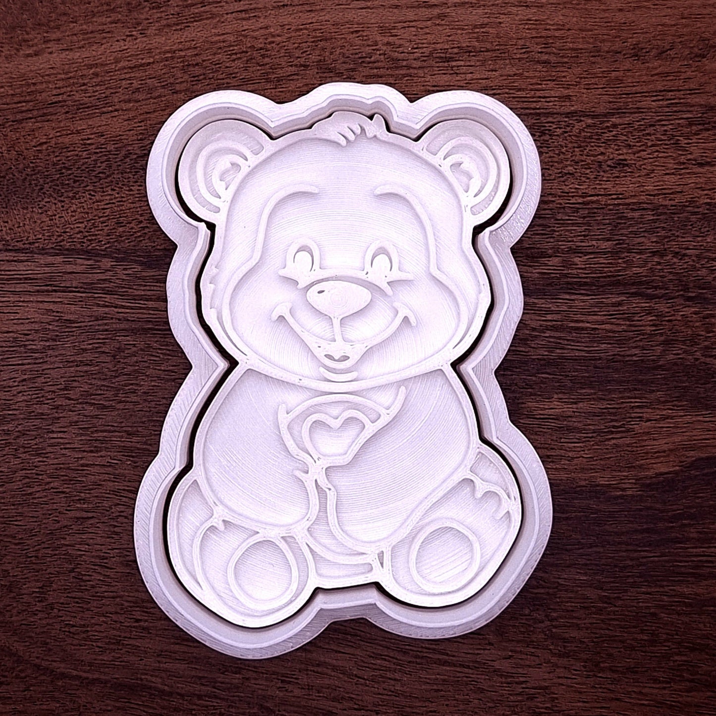 Teddy bear cookie cutter with detailed heart design—perfect for statement cookies and sweet baking projects.