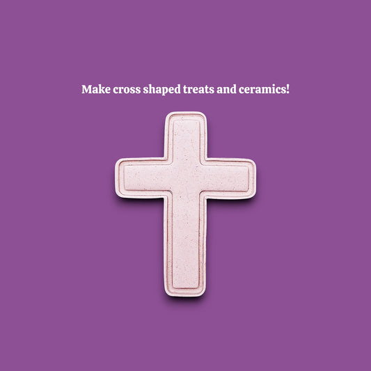 Cross cookie cutter dough cutout and imprint for making detailed religious cookies, perfect for Easter, communion, or church gatherings.