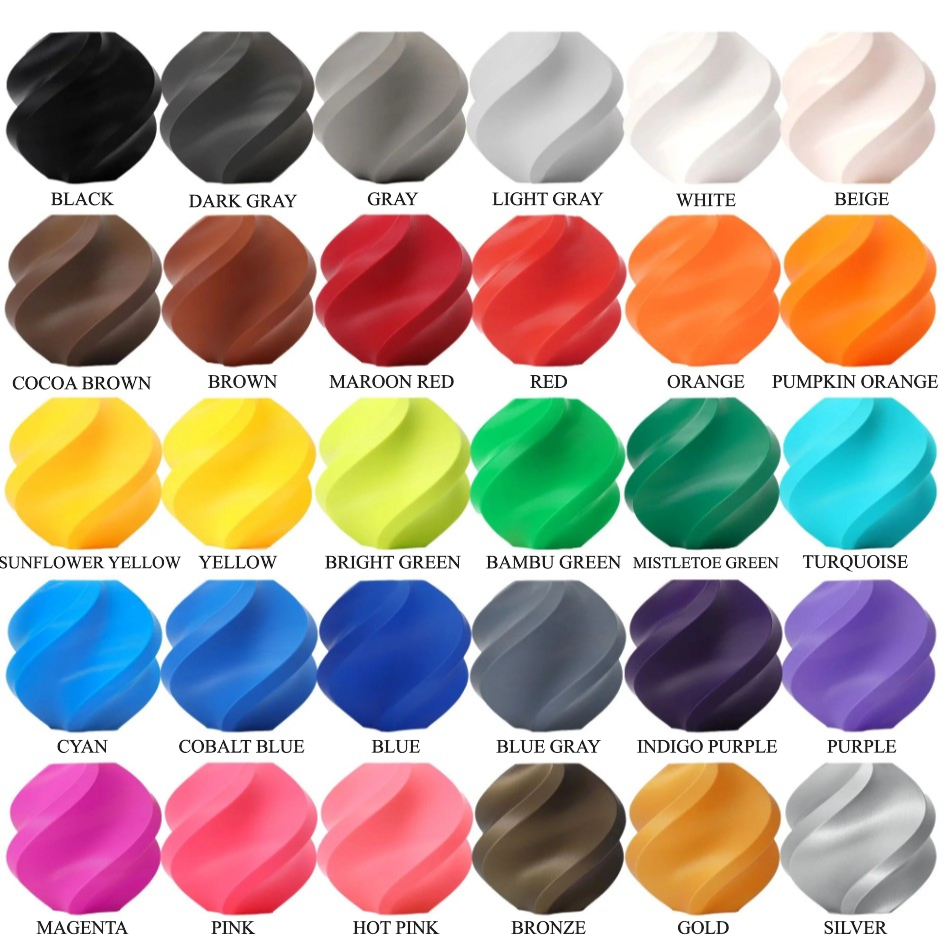 Color guide showing 30 color options for the custom designed and handmade product.