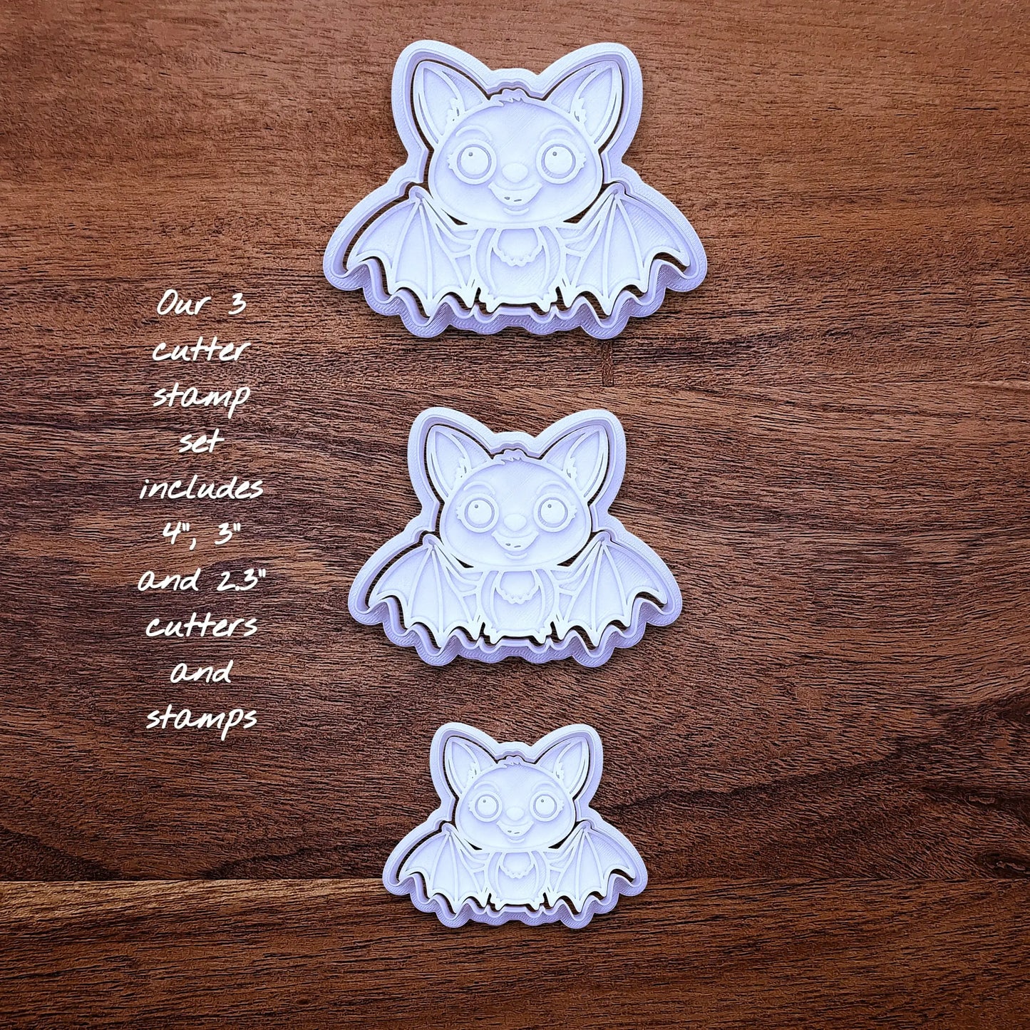 Three cute bat cookie cutters with stamps - adds cute Halloween charm. Complete with cute details for whimsical baking, parties, or spooky gifting. Handmade and customizable in 30 colors.