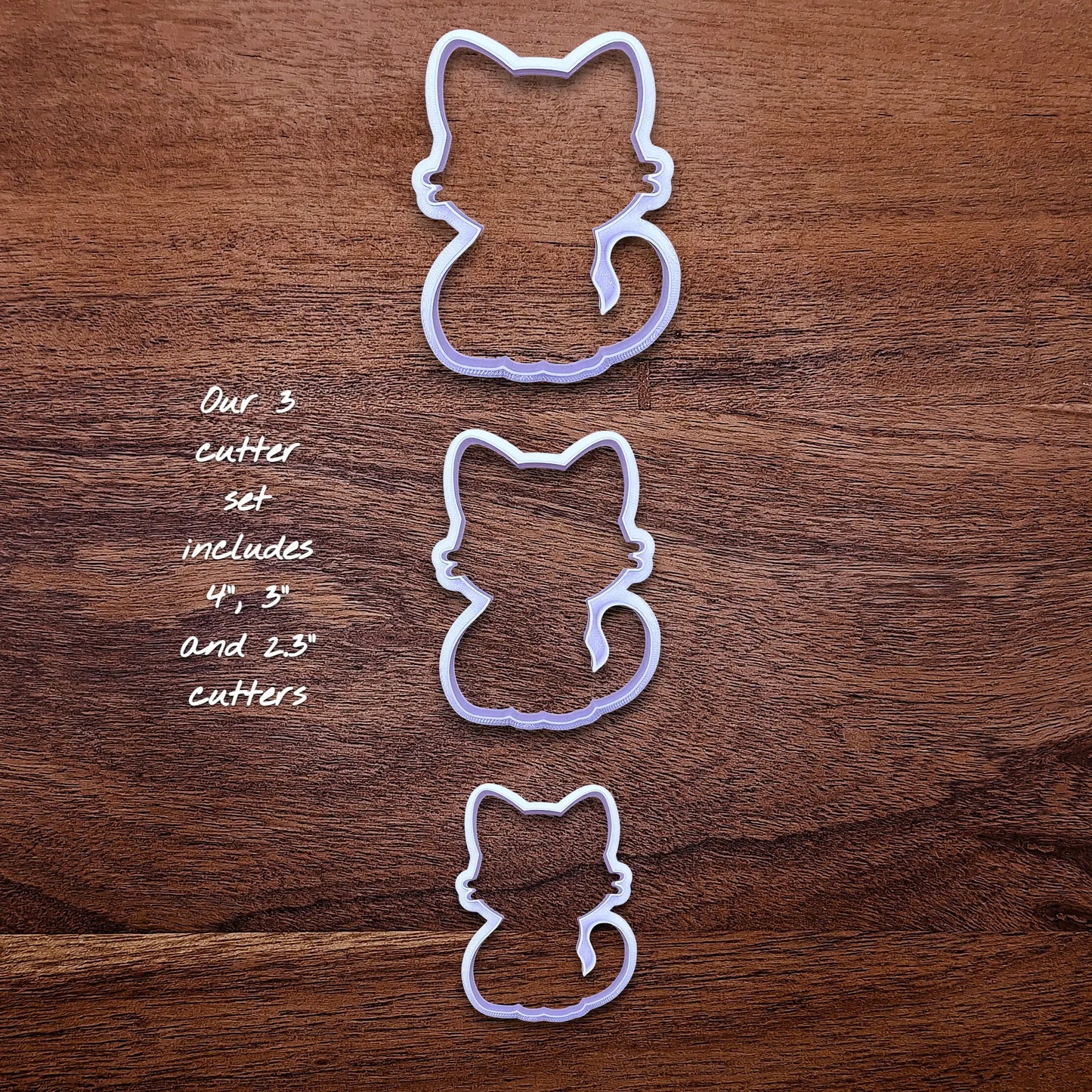 Customizable cat cookie cutter set without stamps in 3 different sizes, perfect for kitty cookie designs, fondant toppers, birthday parties, crafts or cat themed baking projects.
