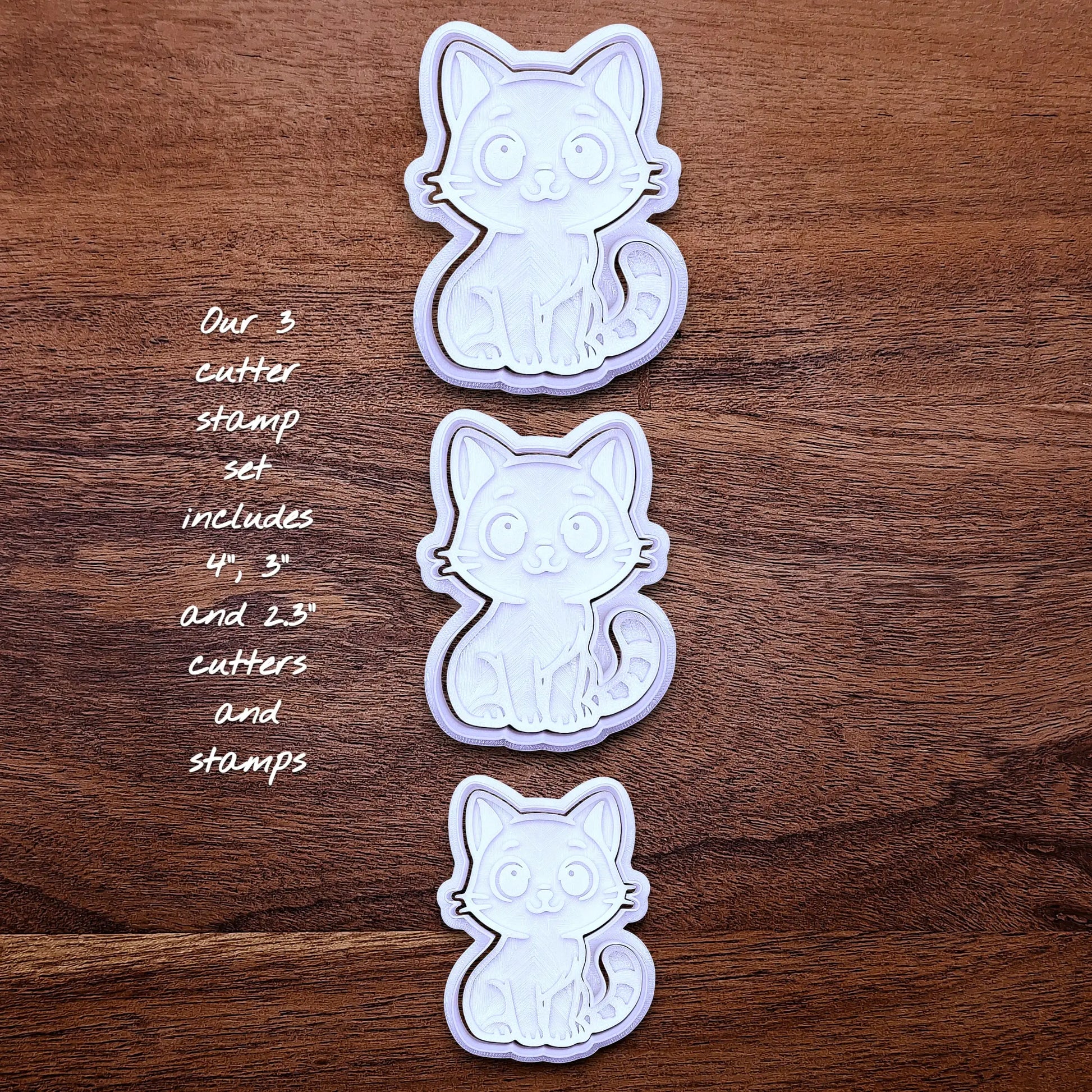 Customizable cat cookie cutters with stamps, perfect for kitty cookie designs, fondant toppers, birthday parties, crafts or cat themed baking projects.