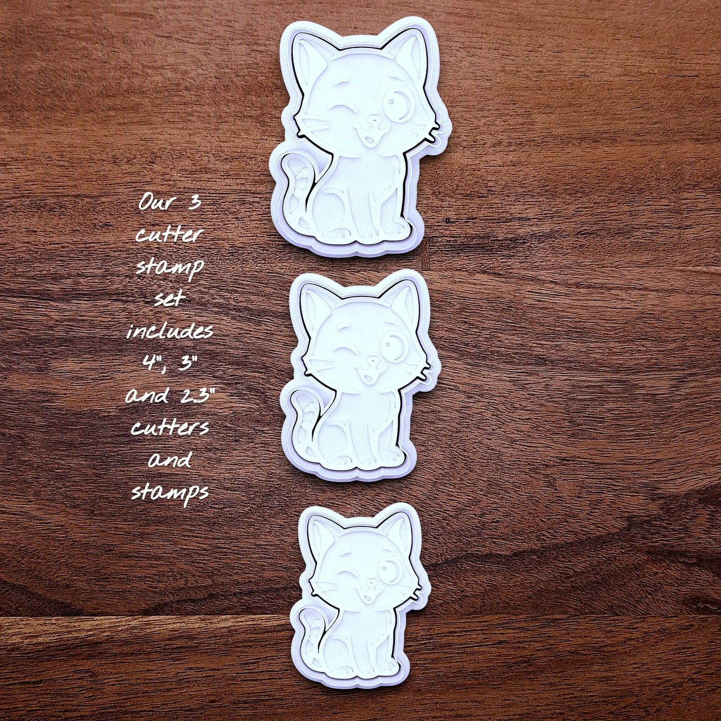 Winking cat cookie cutter and stamp set in three sizes, great for creating detailed, cat-themed cookies, fondant pieces, or party treats for birthdays, parties and craft projects.