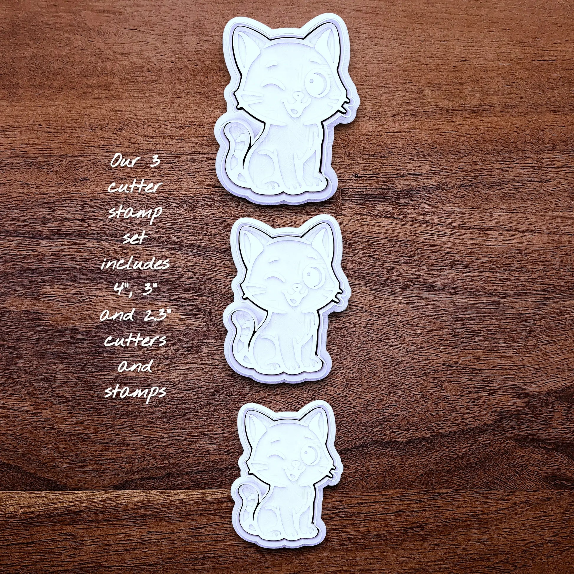 Winking cat cookie cutter and stamp set in three sizes, great for creating detailed, cat-themed cookies, fondant pieces, or party treats for birthdays, parties and craft projects.