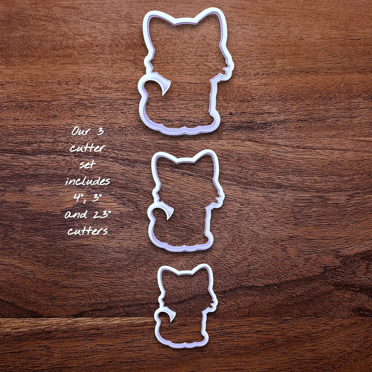 Winking cat cookie cutters in three sizes, great for creating detailed, cat-themed cookies, fondant pieces, or party treats for birthdays, parties and craft projects.
