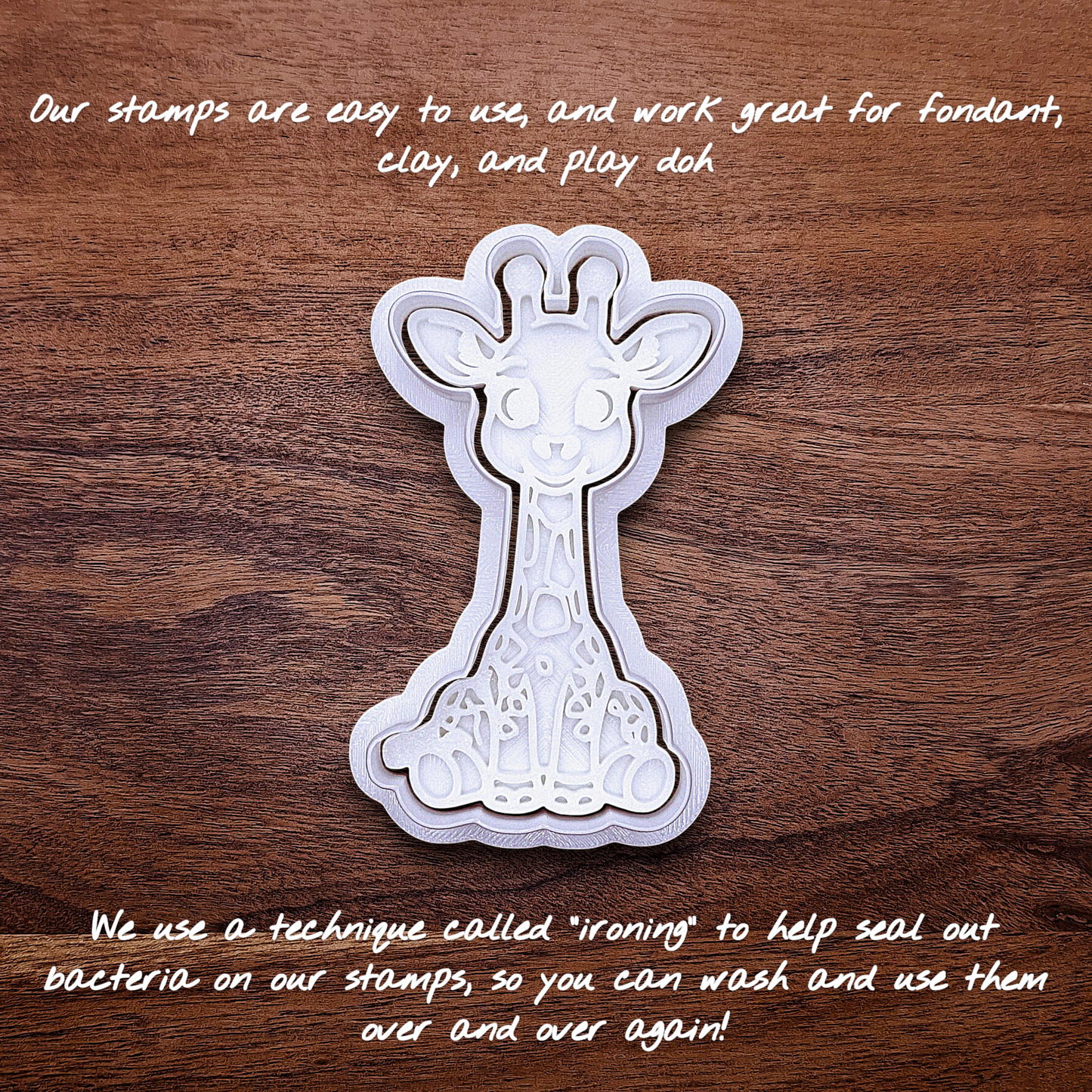 Giraffe cookie cutter with matching stamp. Creates cute cookies or fondant toppers with charming safari animal detail.