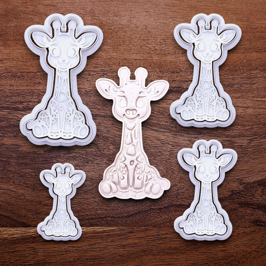 Multiple giraffe cookie cutters with matching stamps. Creates cute safari cookies or fondant toppers with charming animal detail.