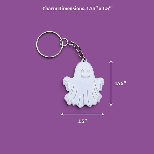 Ghost keychain in white on a purple background, perfect for Halloween party favors and trick or treats.