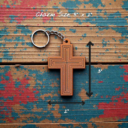 Handmade and customizable articulated cross keychain in brown, ideal for personalized gifts, church events, VBS, and faith-based accessories.