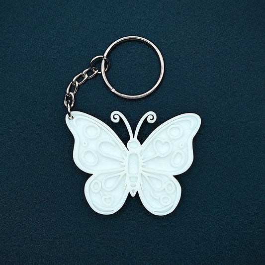 Single white butterfly keychain—bold, nature-inspired charm made from sustainable PLA plastic; ideal for bags, keys, or springtime gifts.