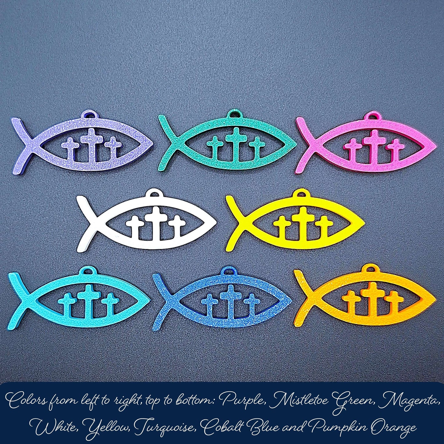 Handmade Christian Fish Keychain featuring three crosses, perfect for religious gifts, baptism, confirmation, Sunday school, and church events.