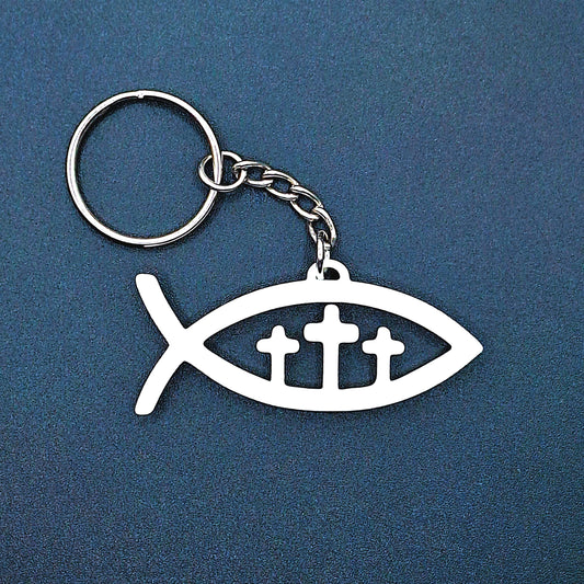 Christian Fish Keychain with three crosses, handmade faith charm for believers, Bible study, church gifts, and inspirational daily accessory.