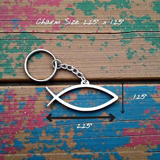 Handmade and customizable Ichthys Fish Keychain, inspirational religious charms for Easter gifts, VBS giveaways, and church favors.