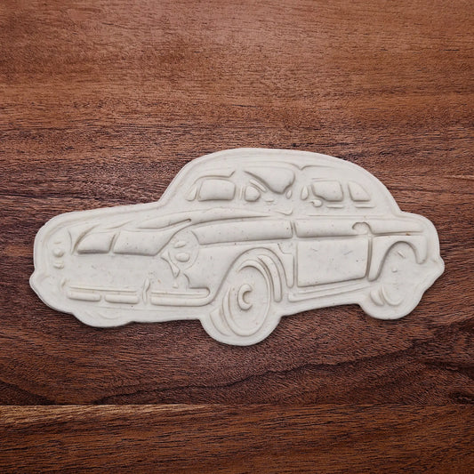 Handmade and customizable antique roadster car cookie cutter dough cutout, perfect for vintage car themed cookies, birthdays and gifting.