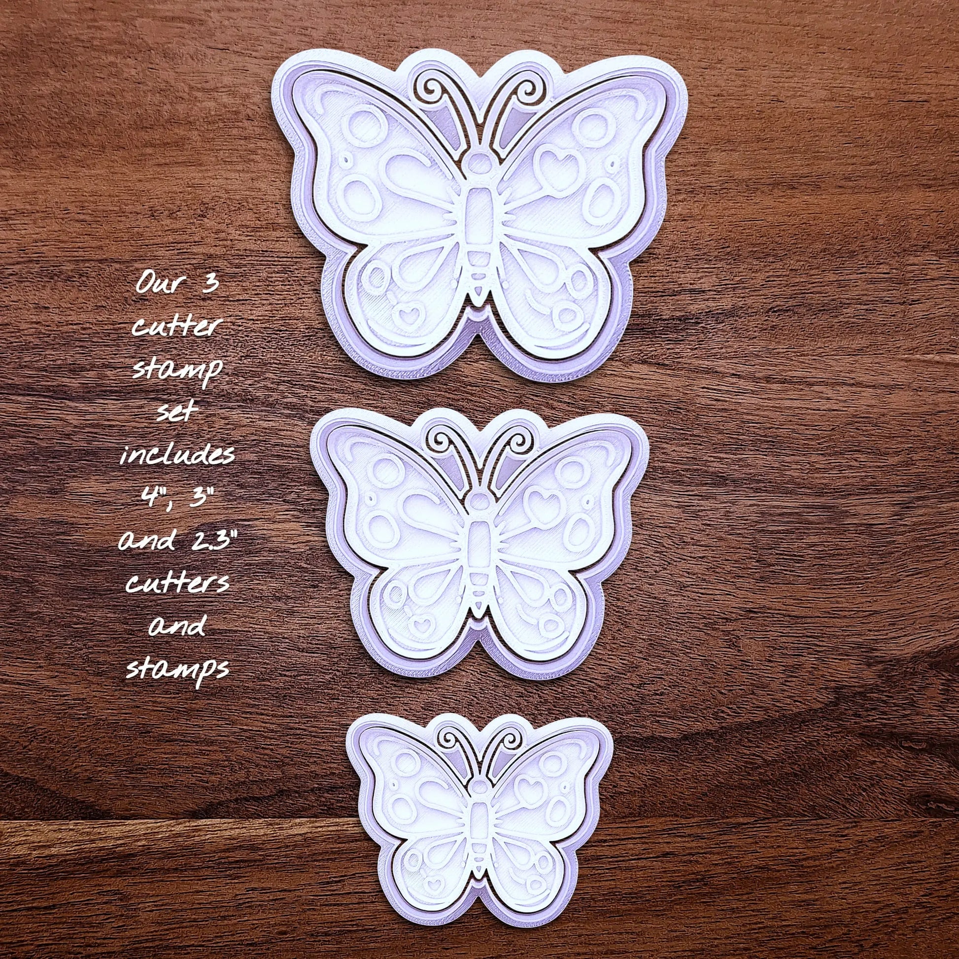 Handmade and customizable butterfly cookie cutters and stamps in three sizes, perfect for spring baking, garden party treats, birthdays, events, weddings, fondant decorations, and whimsical cookie designs.