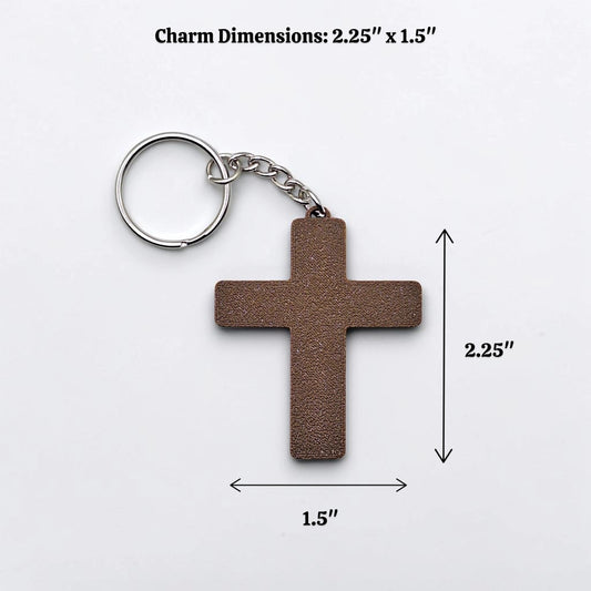 Handmade and customizable cross keychains in brown, perfect for church events, VBS, and faith-inspired gifts.