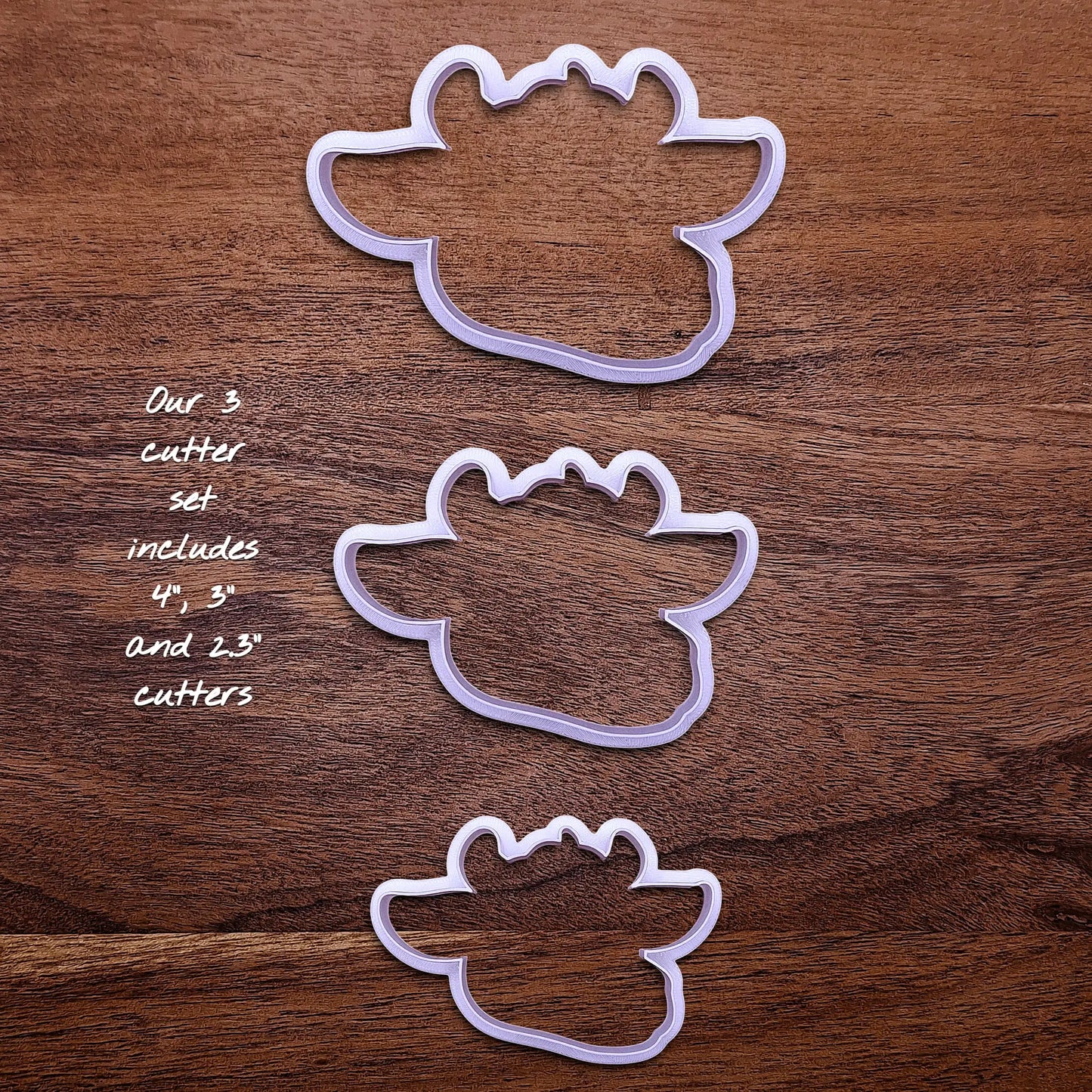 Handmade and customizable cow cookie cutters, perfect for farm-themed baking and kids’ country birthday party treats.