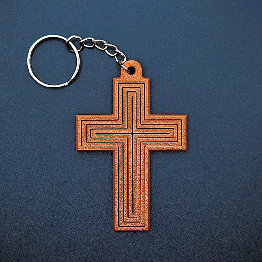 Customizable brown cross keychain, handmade and eco-friendly, perfect for gifts, church events, or personal spiritual accessories.