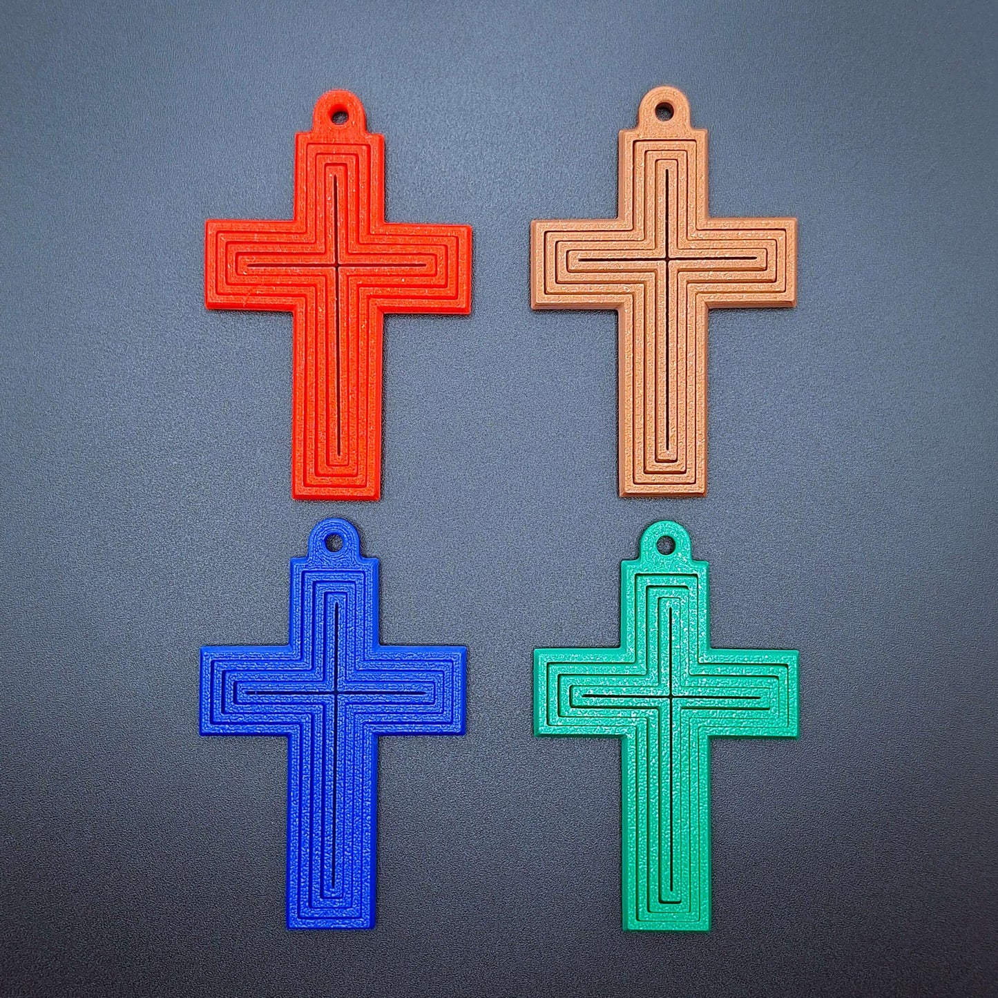 Front view of four customizable cross keychains, handmade and eco-friendly, perfect for personalized gifts, church events, VBS, and faith-based accessories.