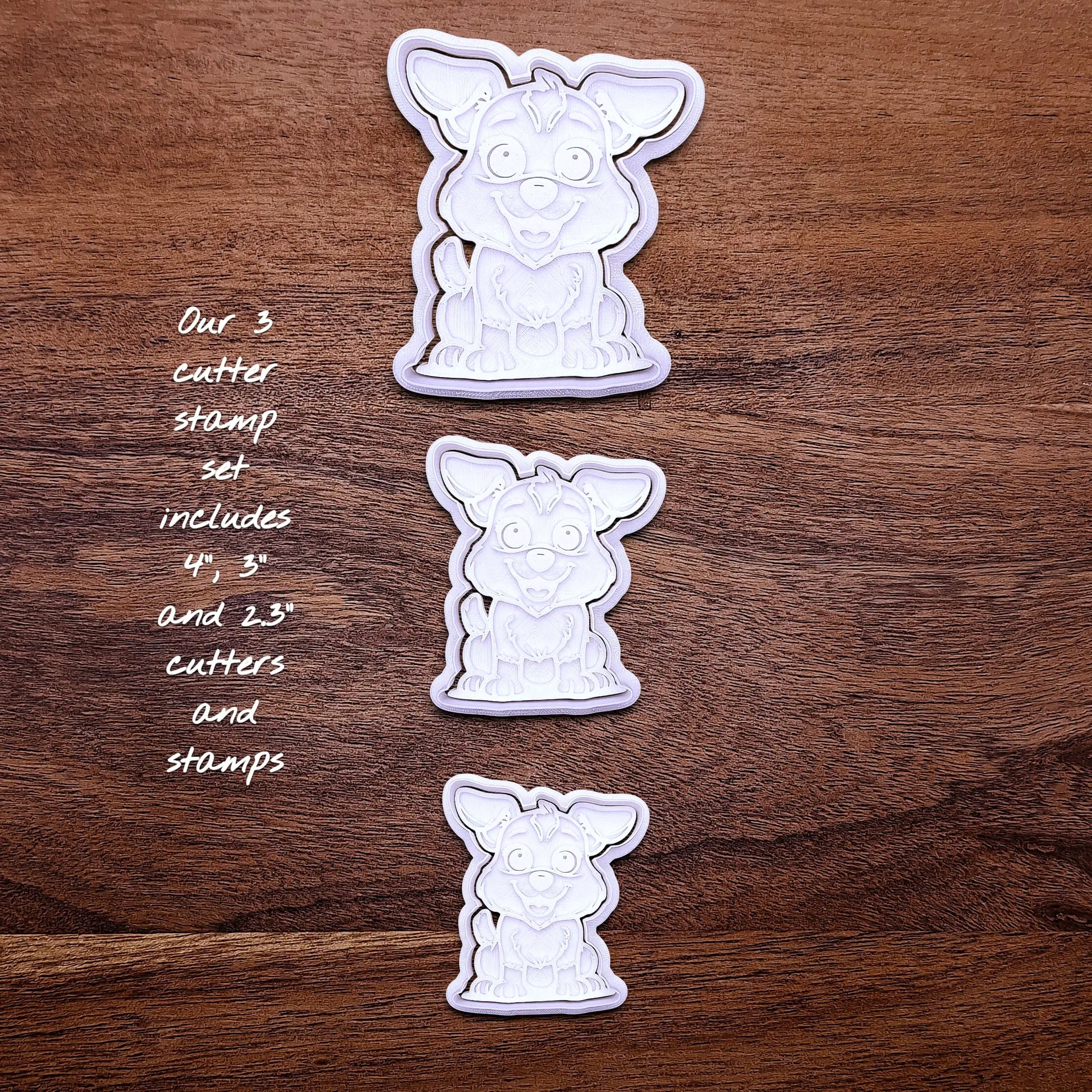 Handmade and customizable dog cookie cutter with stamp, perfect for cookies, fondant, crafts and pet treats.