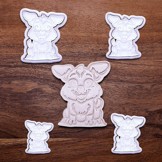 Handmade and customizable dog cookie cutters with stamps alongside a dough cutout and imprint, perfect for cookies, fondant, crafts and pet treats.