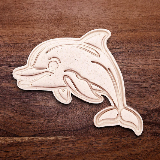 Handmade and customizable dolphin cookie cutter dough imprint, perfect for ocean-themed cookies, birthdays, aquatic fondant toppers, and sea animal baking projects.