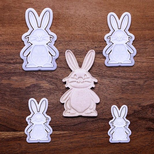 Handmade and customizable Easter Bunny Cookie Cutters with Stamps alongside a dough cutout imprint, perfect for cute Easter treats, spring cookies, and fun crafts.