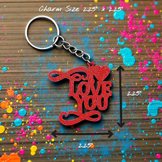 Handmade and customizable I Love You keychain in maroon red, perfect for classroom prizes, Valentine's Day gifts, party favors for kids birthdays, baby showers and unique backpack charms.