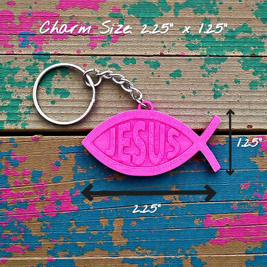 Christian Fish Keychain with “Jesus” in the center in magenta, handmade faith charm for Bible study, church gifts, or daily inspirational accessory.