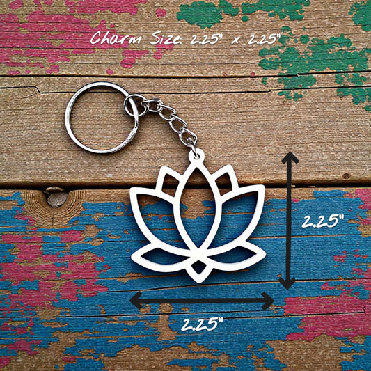 Lotus flower keychain shown in white, eco-friendly and handmade, perfect for spiritual gifts or mindful accessories.