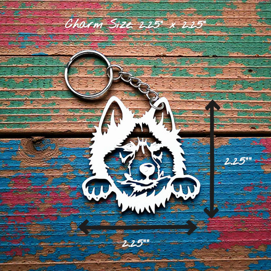 Siberian Husky customizable keychain in white, featuring a detailed head profile, handmade from eco-friendly PLA plastic—perfect for dog moms and husky lovers.