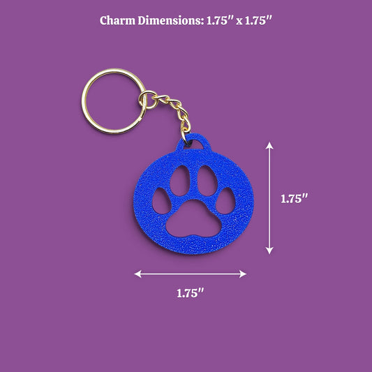 Paw print keychain in blue, perfect for dog moms, cat lovers, rescue volunteers, shelter giveaways, and vet clinics. Handmade and customizable in 30 unique colors.