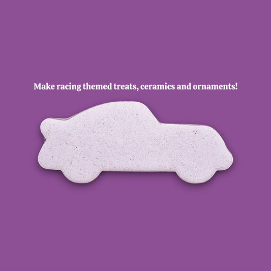 Racecar cookie cutter dough cutout, ideal for bakers looking for racecar-themed baking tools and cutters.