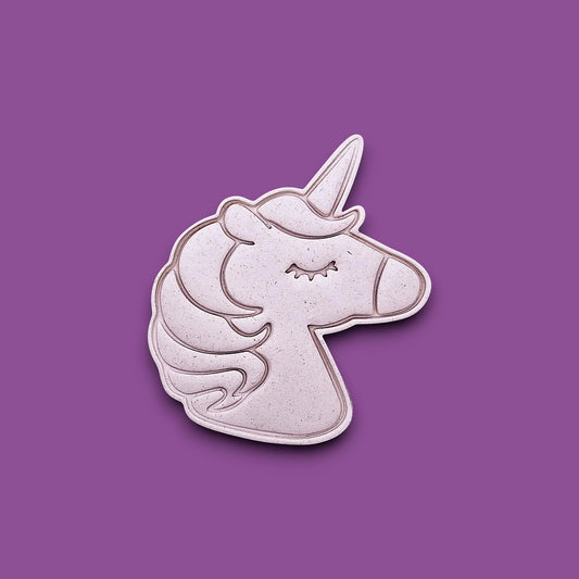 Unicorn cookie cutter dough cutout and imprint, perfect for fantasy themed bakes, ceramics and gifting.