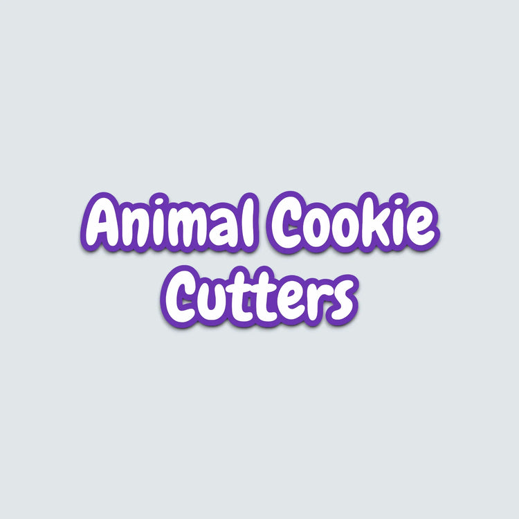 Text reading 'Animal Cookie Cutters' in rounded white letters with a light blue outline on a pale gray background.