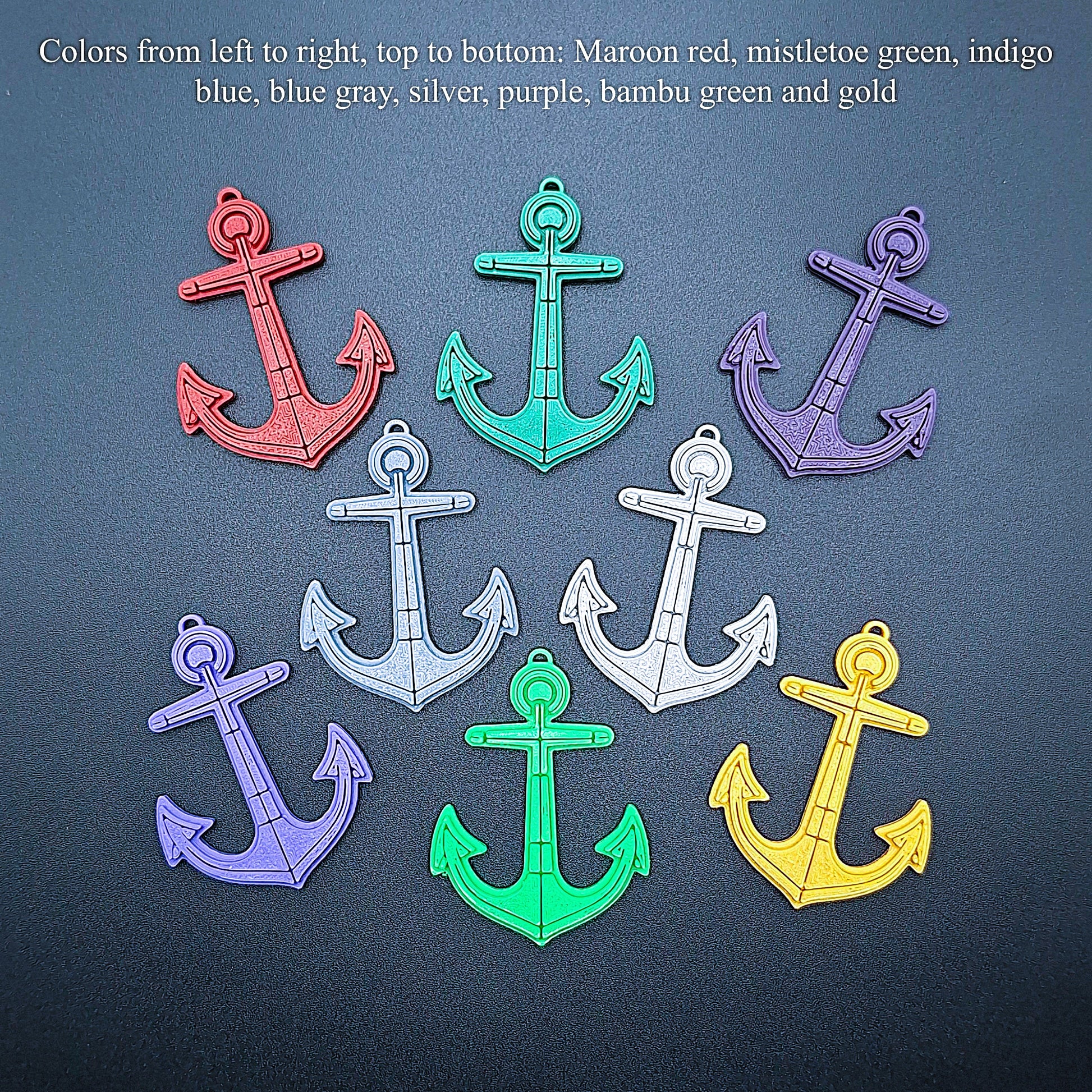Nautical anchor keychain made from sustainable PLA plastic, ideal for boating enthusiasts, cruise party favors, and maritime-themed events.