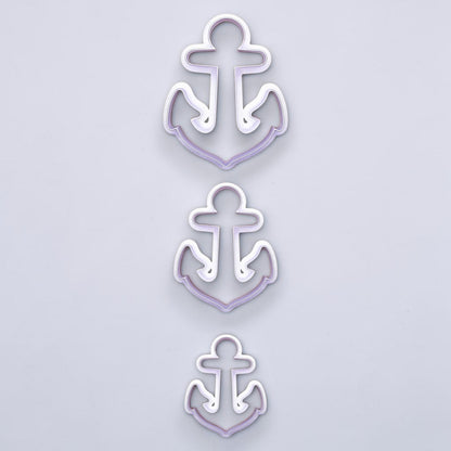 Set of three anchor-shaped cookie cutters in small, medium, and large. Great for nautical cookies, fondant toppers, or coastal crafts.