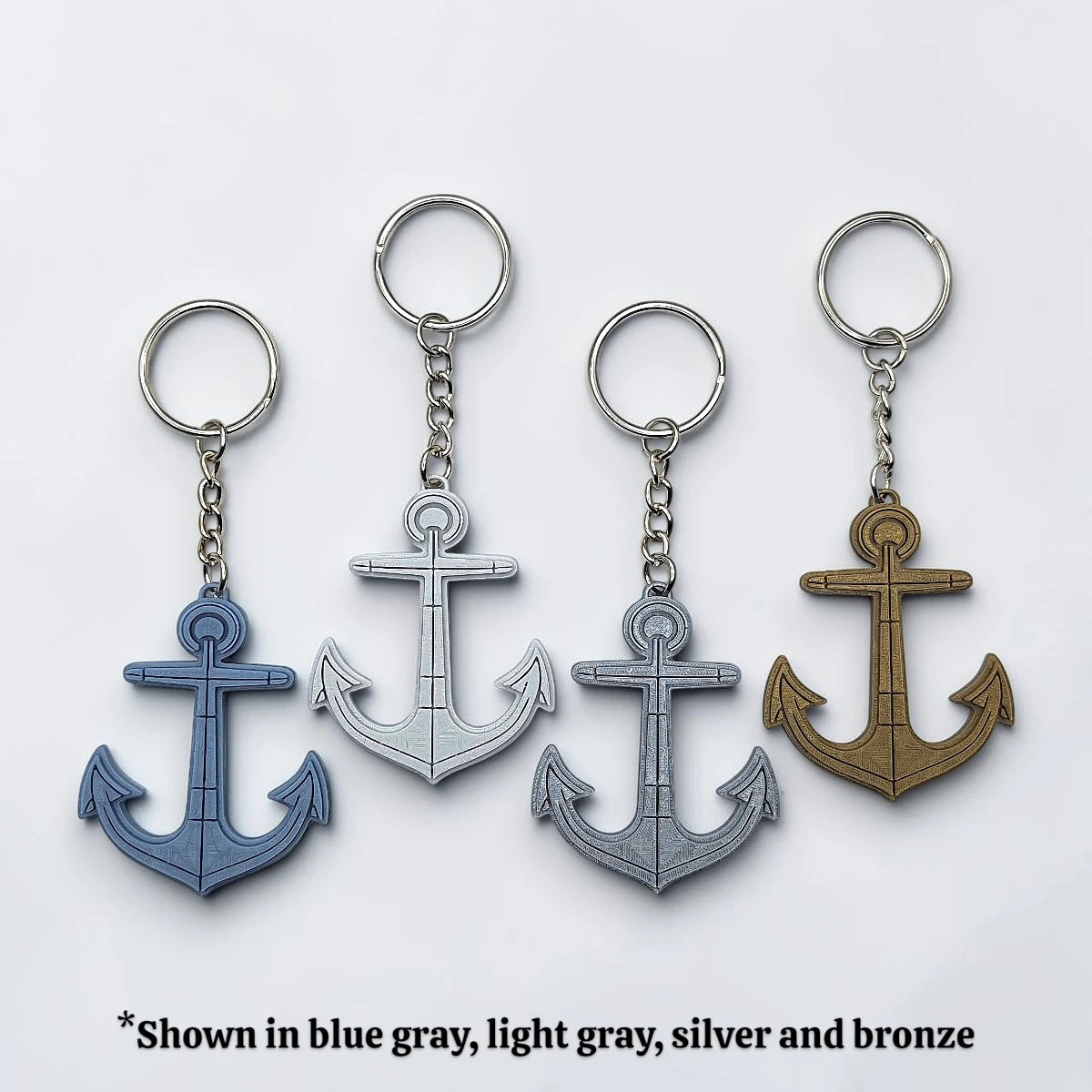 Eco-friendly handmade and customizable anchor keychains in various colors, perfect nautical accessory for baby showers, boat lovers, coastal weddings, and beach-themed gifts.