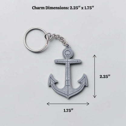 Eco-friendly handmade and customizable anchor keychain in silver, perfect nautical accessory for baby showers, boat lovers, coastal weddings, and beach-themed gifts.