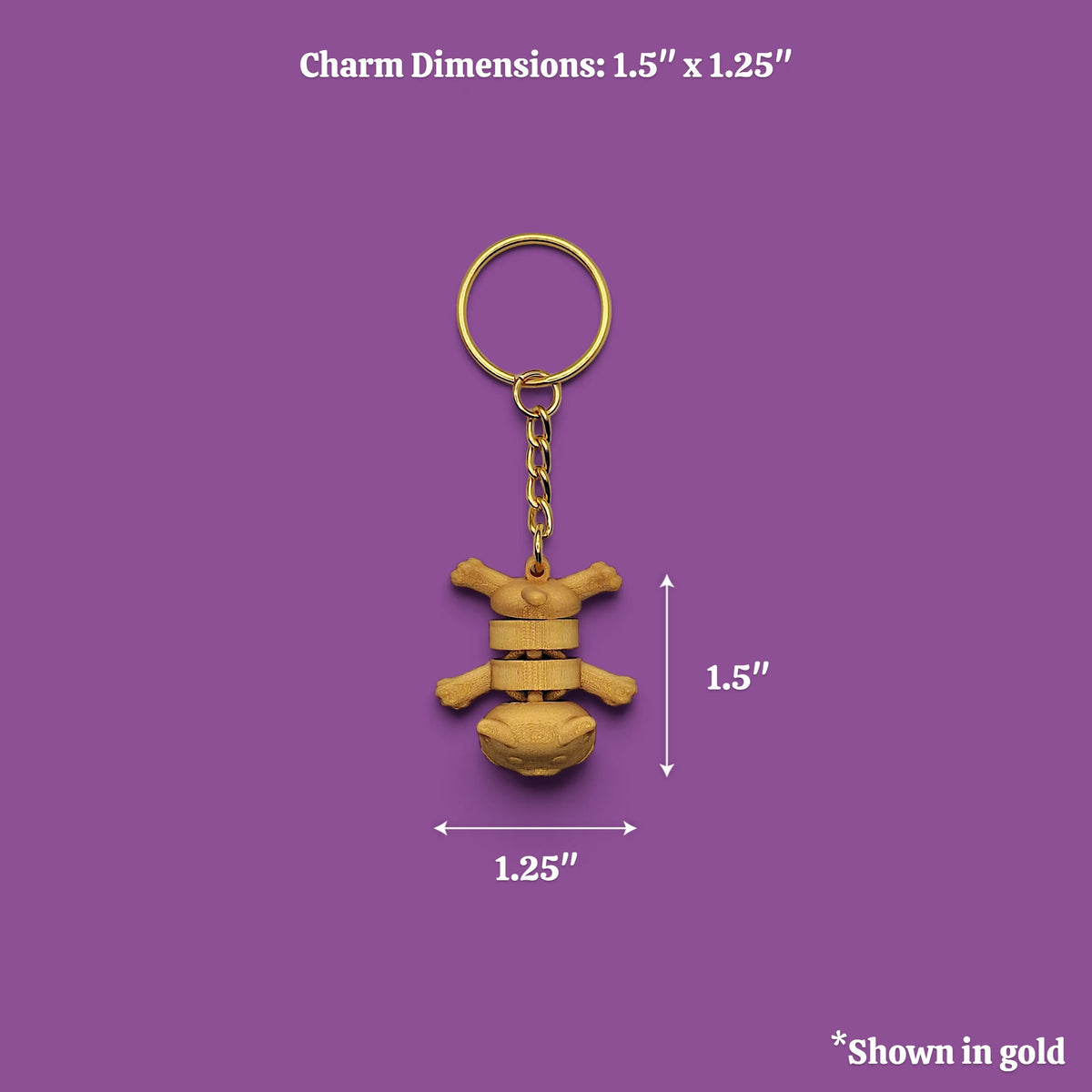 Cat keychain in gold alongside dimensions, customizable and handmade, perfect for classroom prizes, party favors and event giveaways.