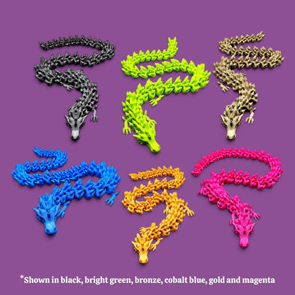 Articulated dragons shown in multiple colors, perfect for fidget party favors, classroom prizes and holiday gifting.