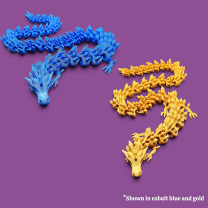 Gold and cobalt blue dragon fidget toy with full articulation, handmade from compostable PLA, detailed and perfect for fantasy lovers or display.