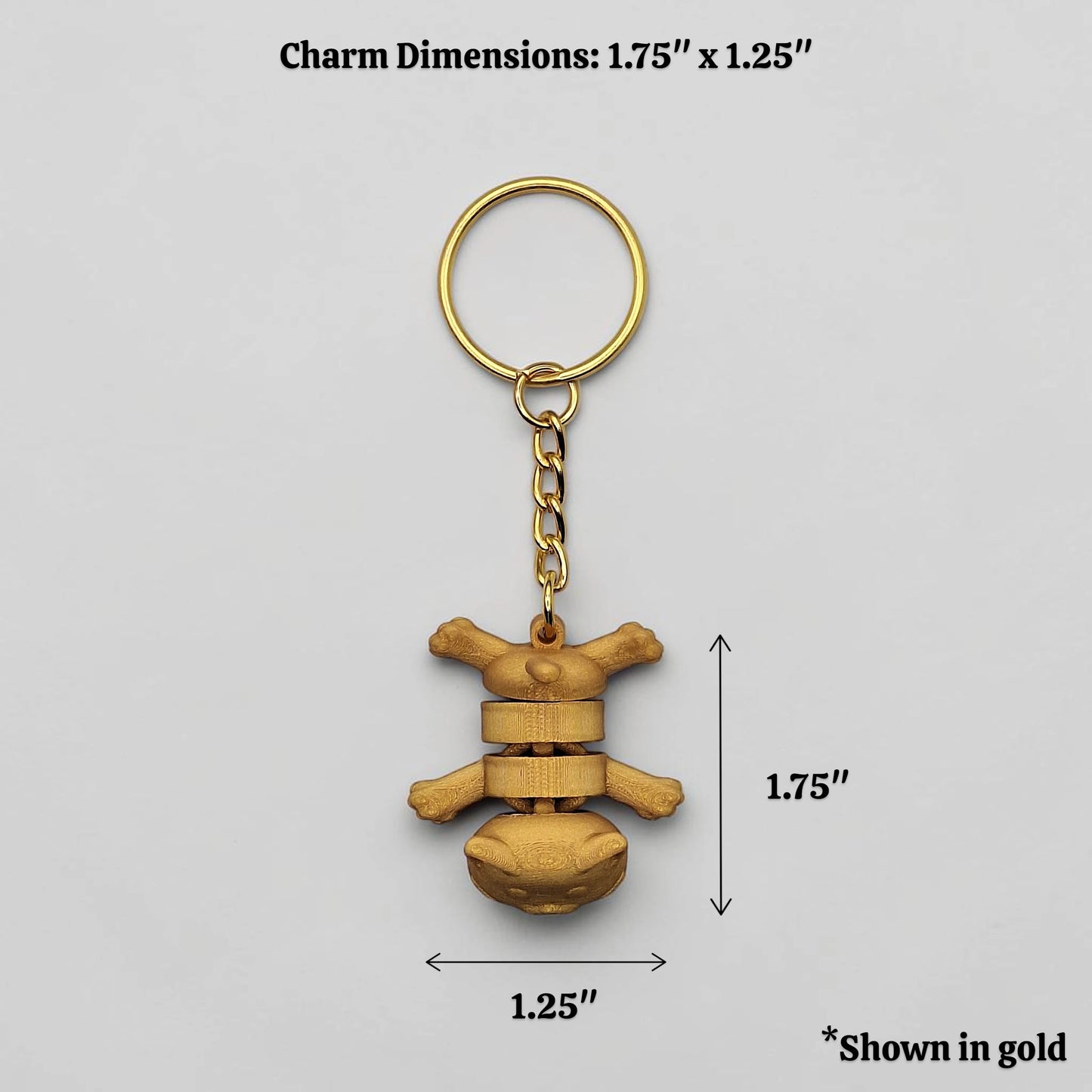 Cat keychain in gold alongside dimensions, customizable and handmade, perfect for classroom prizes, party favors and event giveaways.