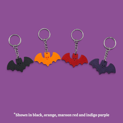 Colorful customizable Halloween bat keychains in silver - eco-friendly spooky charms, perfect for Halloween gifts, party favors, or gothic-themed keyring collections.