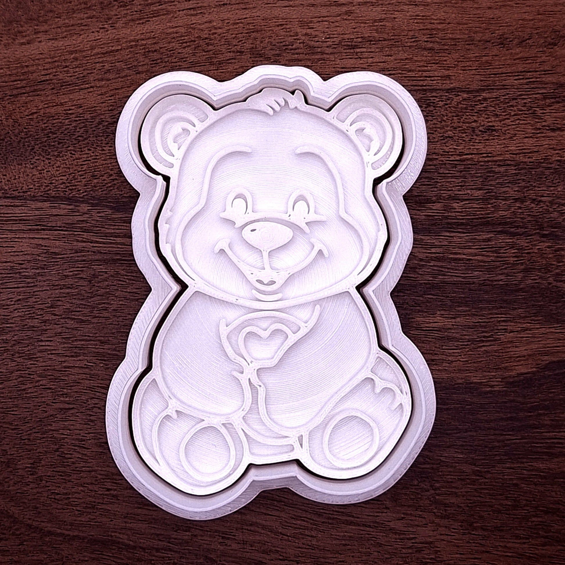 Teddy bear cookie cutter with detailed heart design—perfect for statement cookies and sweet baking projects.