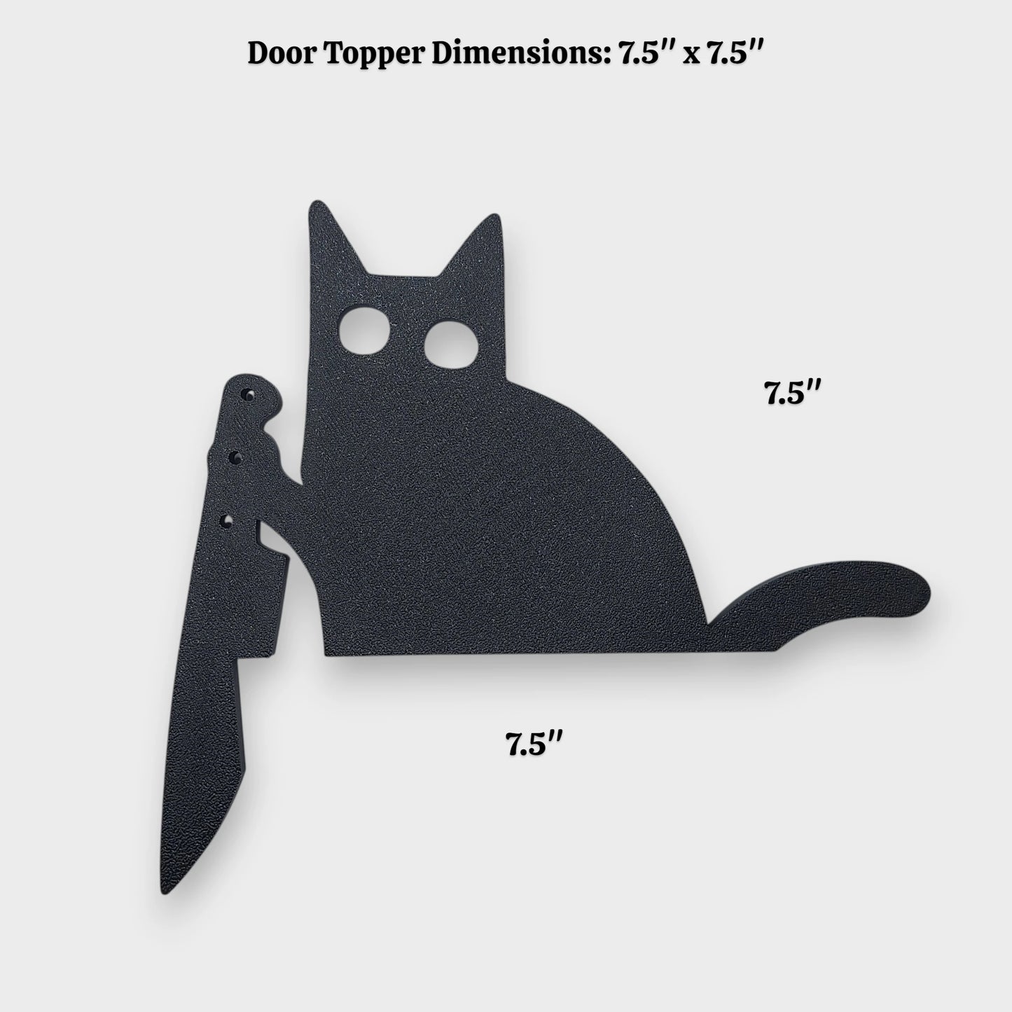 Black cat door topper holding knife alongside dimensions creepy Halloween decor, funny gothic home accent, prank gift idea for cat lovers with dark humor.