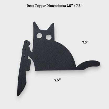 Black cat door topper holding knife alongside dimensions creepy Halloween decor, funny gothic home accent, prank gift idea for cat lovers with dark humor.