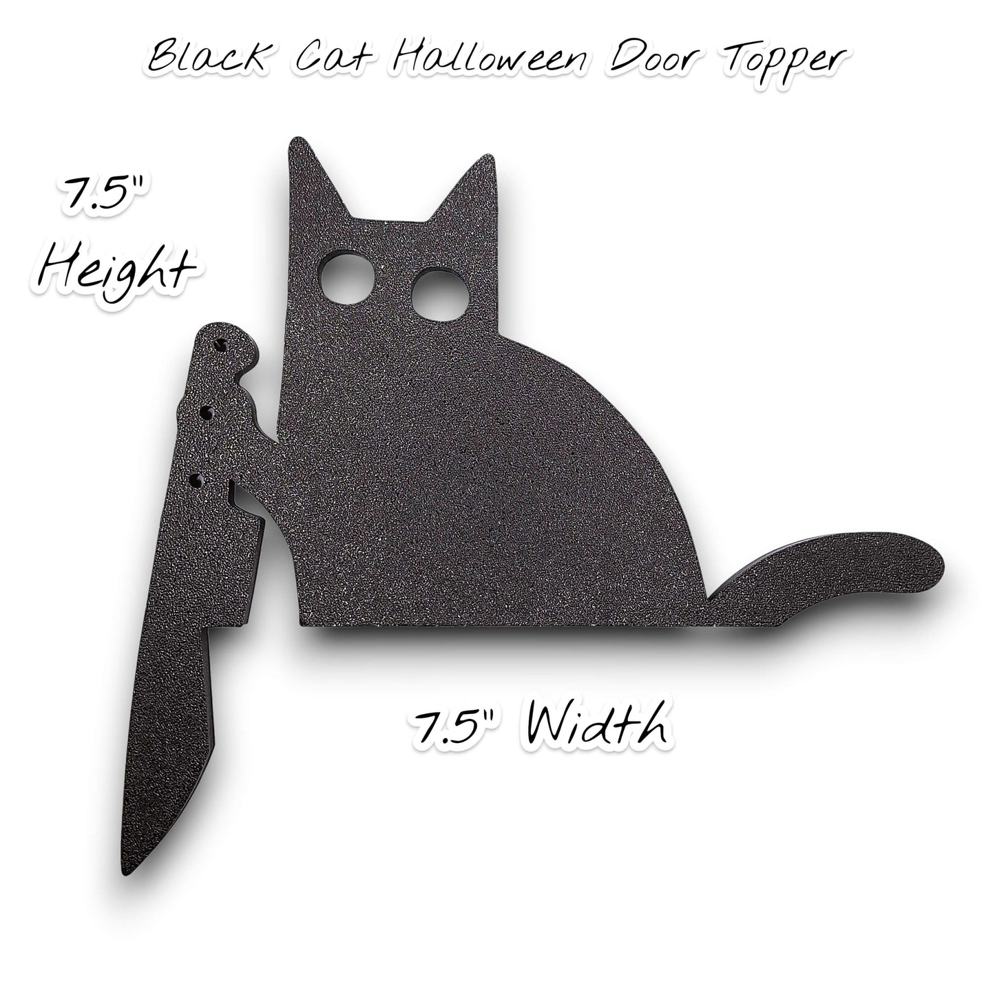 Black cat door topper holding knife, creepy Halloween decor, funny gothic home accent, prank gift idea for cat lovers with dark humor.